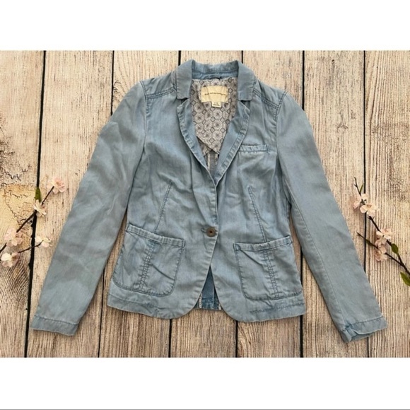 E-- PILCRO AND THE LETTERPRESS blue chambray long sleeve button blazer jacket XS - Picture 2 of 9